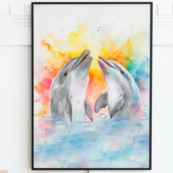 NobleCaptures Other - 16x20 Happy Dolphins Playing‎ Splashing Watercolor Oil Painting Fantasy Poster